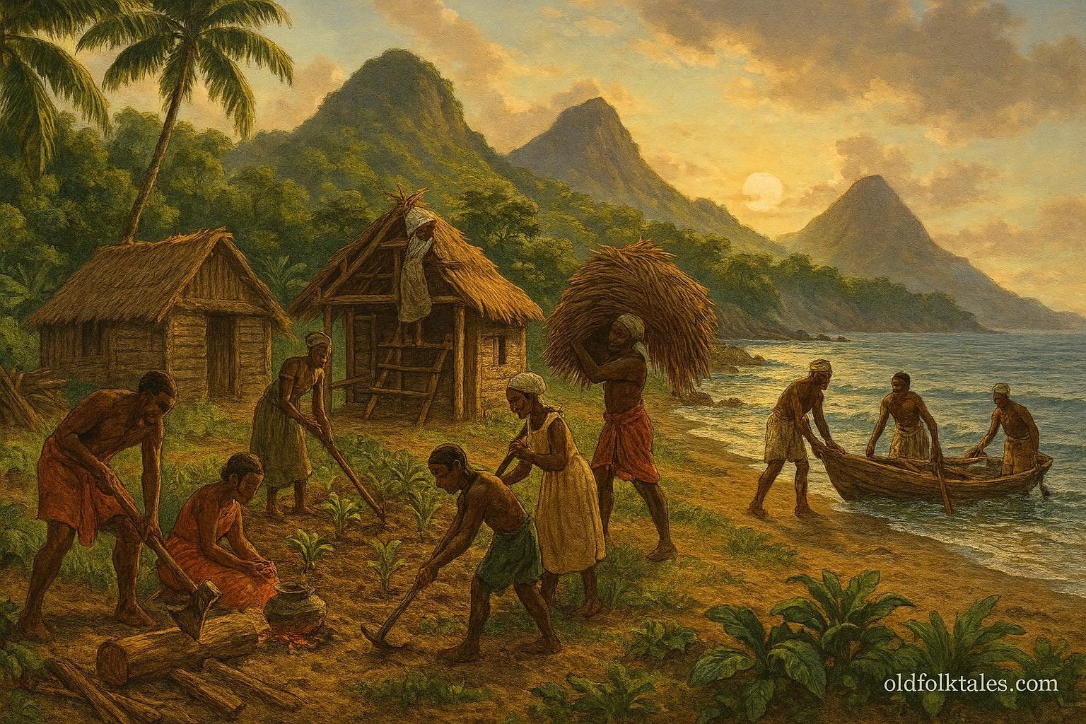 Early settlers on Annobón Island working together to build homes, farm land, and create a thriving community.