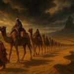 A wealthy caravan carrying gold across the desert before disappearing into forbidden territory