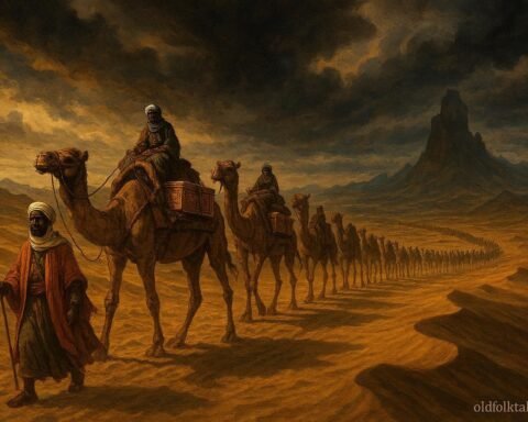 A wealthy caravan carrying gold across the desert before disappearing into forbidden territory