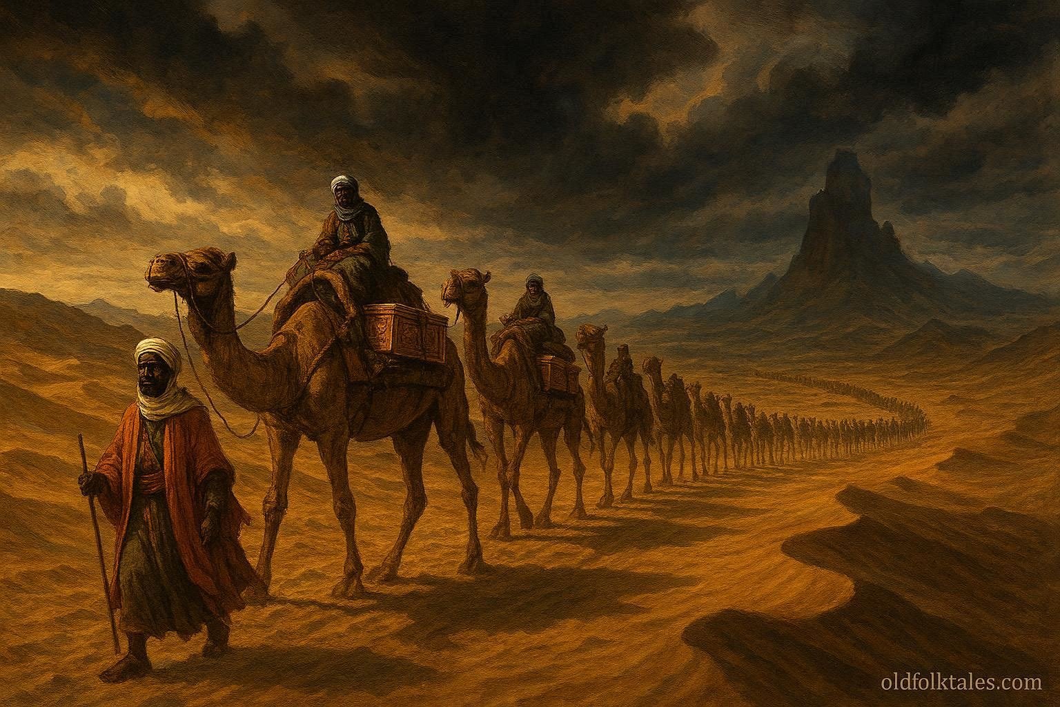 A wealthy caravan carrying gold across the desert before disappearing into forbidden territory