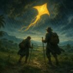 A glowing golden kite guiding lost travelers through a powerful storm over the plains of Flacq in Mauritius.