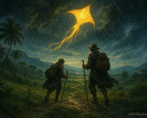 A glowing golden kite guiding lost travelers through a powerful storm over the plains of Flacq in Mauritius.