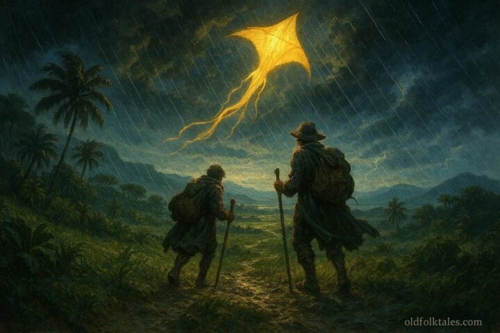 A glowing golden kite guiding lost travelers through a powerful storm over the plains of Flacq in Mauritius.