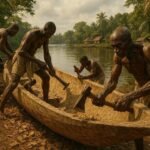 Adult Duala craftsmen carving a traditional wooden canoe beside the Wouri River in Cameroon.