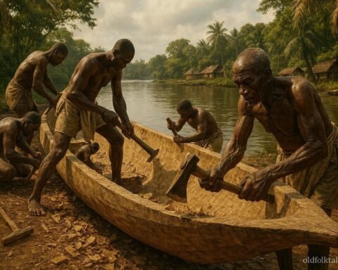Adult Duala craftsmen carving a traditional wooden canoe beside the Wouri River in Cameroon.