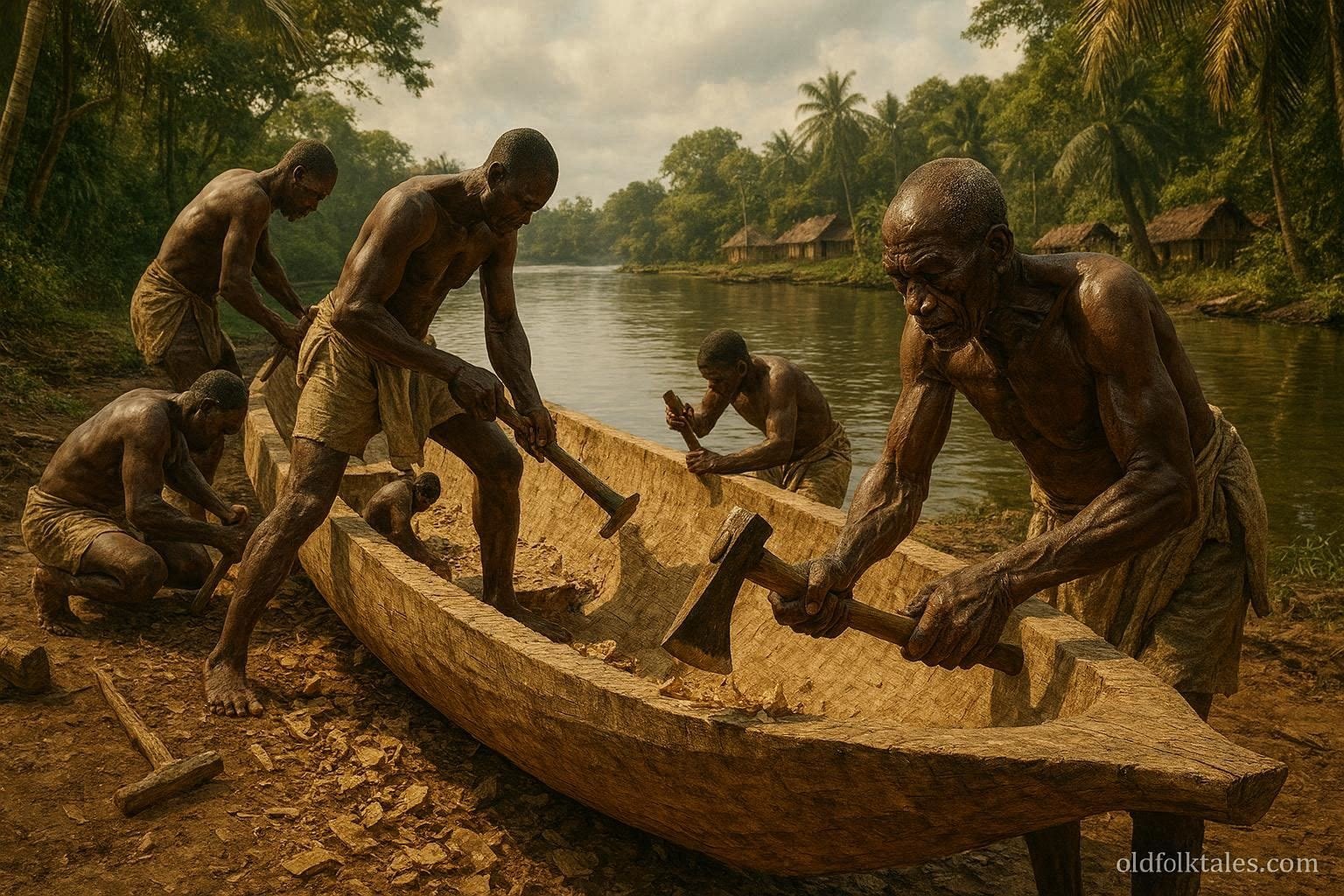 Adult Duala craftsmen carving a traditional wooden canoe beside the Wouri River in Cameroon.