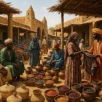 Adult Fulani and Kanuri merchants trading traditional goods at the historic market of Maroua in northern Cameroon.
