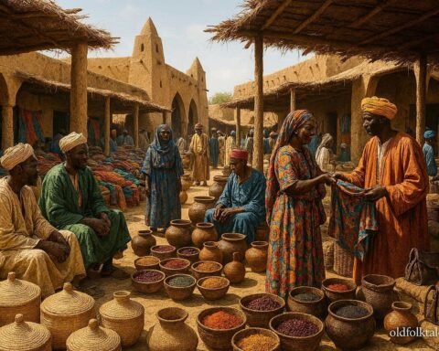 Adult Fulani and Kanuri merchants trading traditional goods at the historic market of Maroua in northern Cameroon.