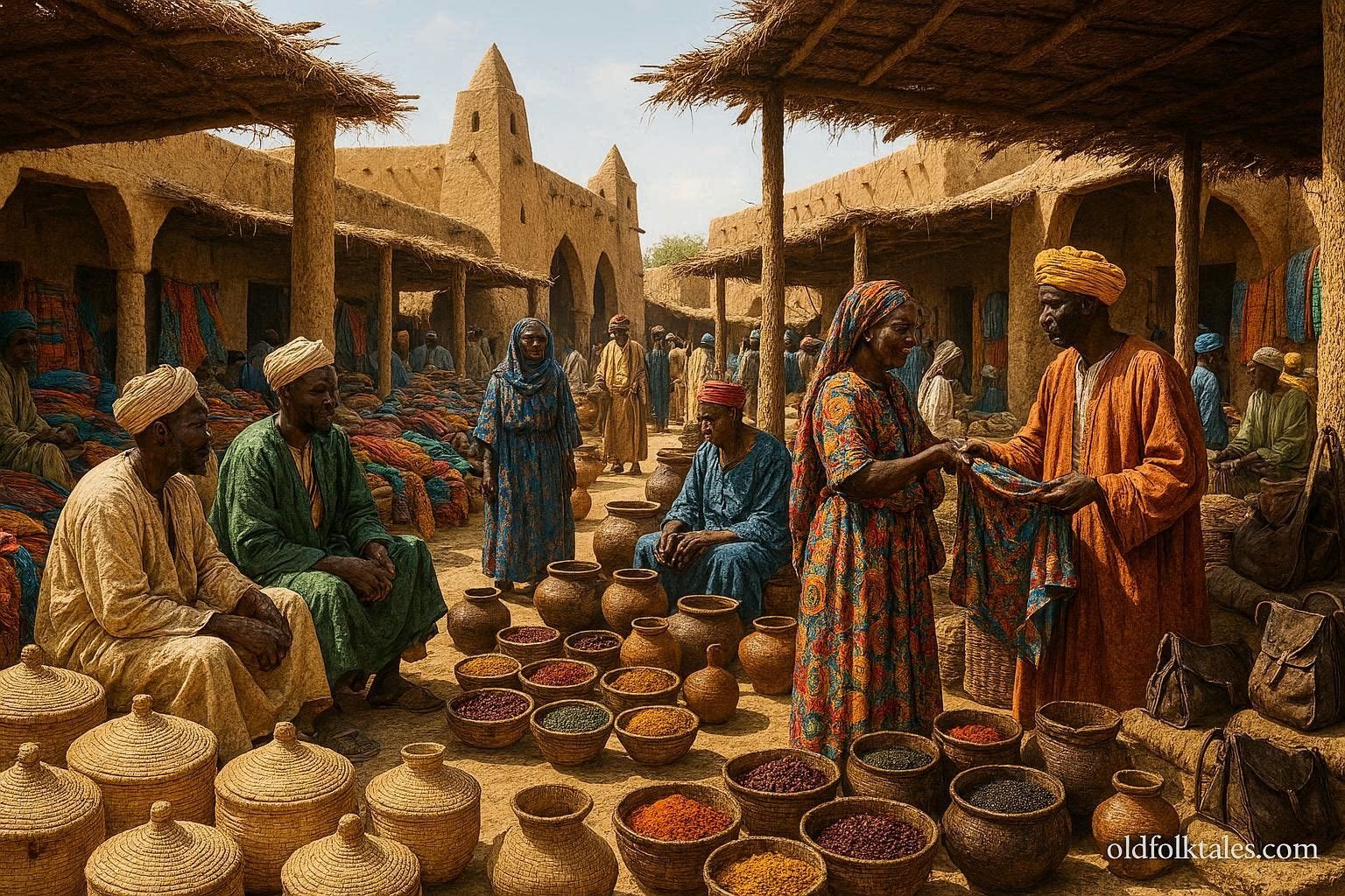 Adult Fulani and Kanuri merchants trading traditional goods at the historic market of Maroua in northern Cameroon.