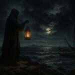 A mysterious sea guardian holding a lantern on the rocky coast of the Kerkennah Islands before a powerful storm.