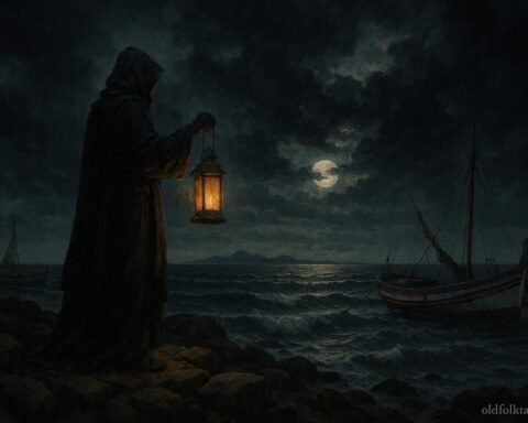 A mysterious sea guardian holding a lantern on the rocky coast of the Kerkennah Islands before a powerful storm.
