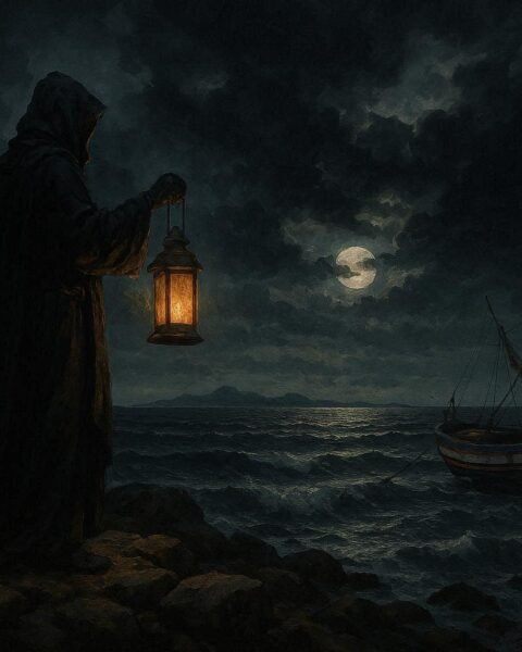 A mysterious sea guardian holding a lantern on the rocky coast of the Kerkennah Islands before a powerful storm.