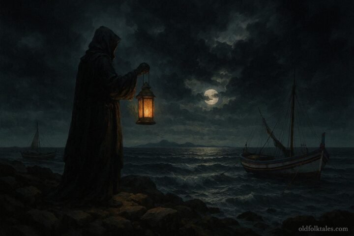 A mysterious sea guardian holding a lantern on the rocky coast of the Kerkennah Islands before a powerful storm.