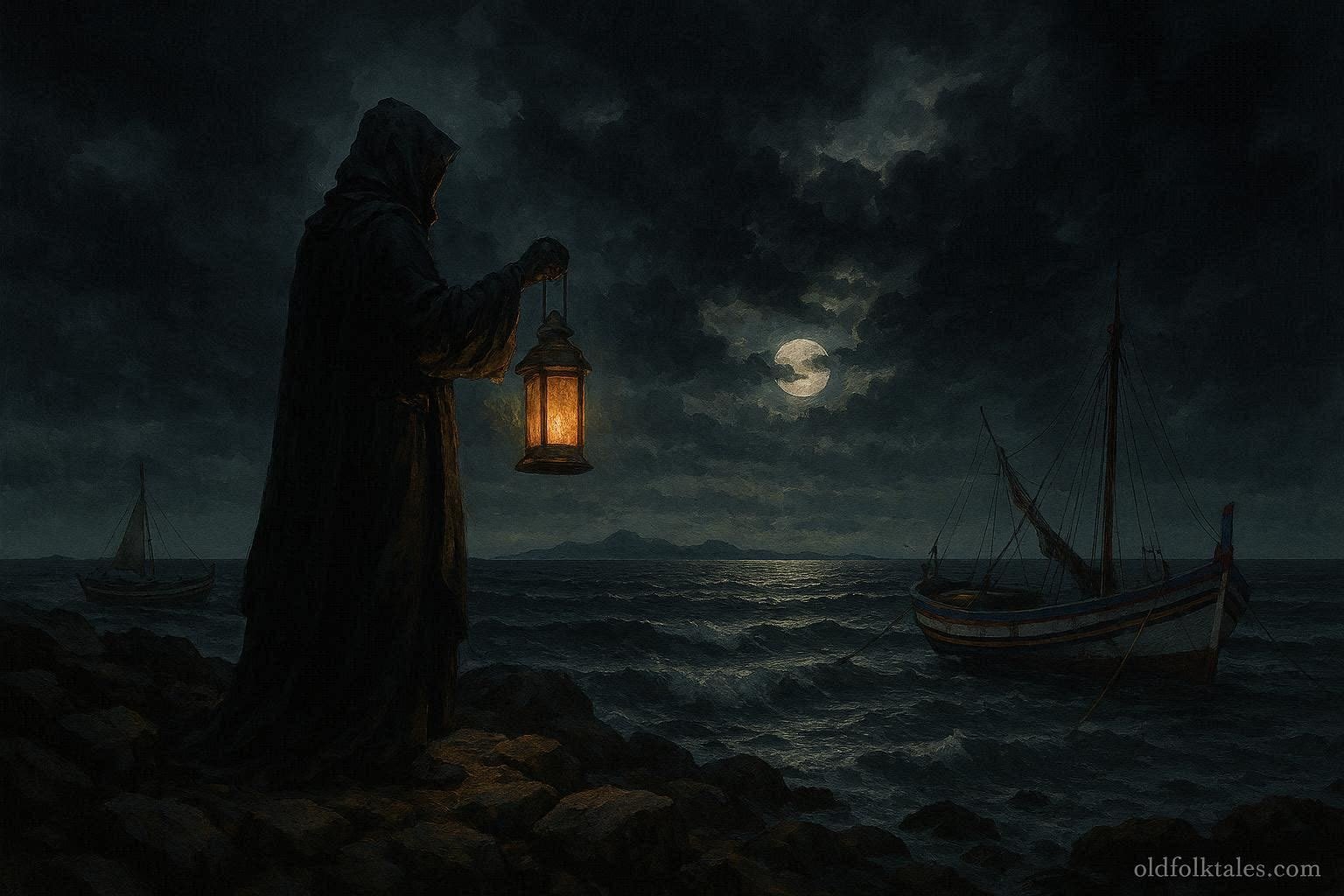A mysterious sea guardian holding a lantern on the rocky coast of the Kerkennah Islands before a powerful storm.