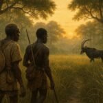 Mbundu hunters quietly observing a Giant Sable Antelope in the forests of Cangandala while honoring traditional conservation customs.