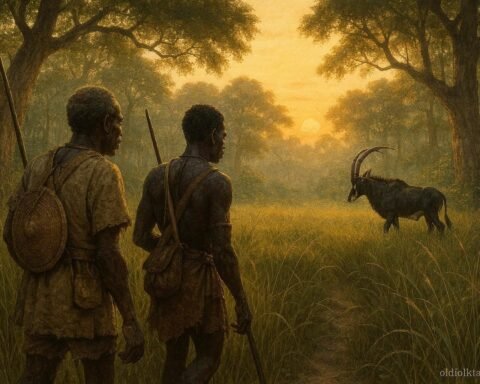 Mbundu hunters quietly observing a Giant Sable Antelope in the forests of Cangandala while honoring traditional conservation customs.