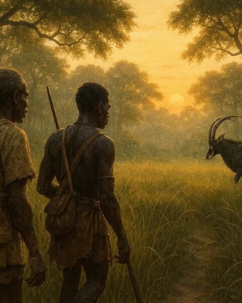 Mbundu hunters quietly observing a Giant Sable Antelope in the forests of Cangandala while honoring traditional conservation customs.