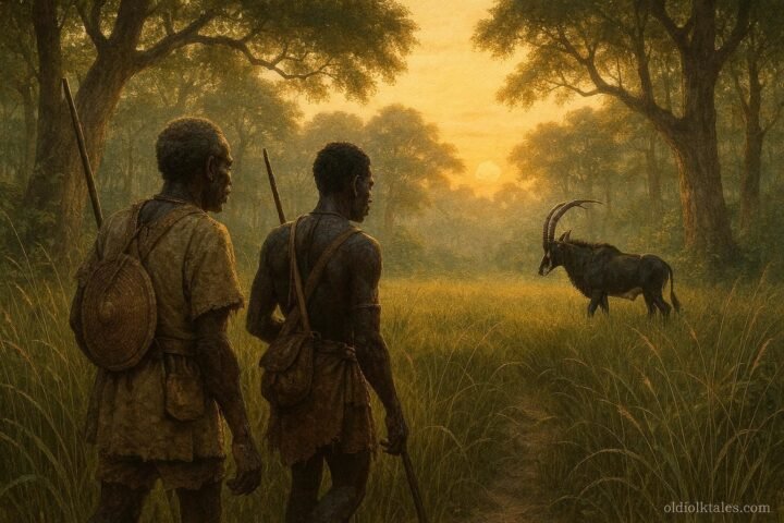 Mbundu hunters quietly observing a Giant Sable Antelope in the forests of Cangandala while honoring traditional conservation customs.