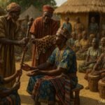 Lunda elders presenting ceremonial regalia to a newly installed Mwata during a traditional investiture ceremony in Eastern Angola.