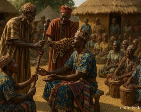 Lunda elders presenting ceremonial regalia to a newly installed Mwata during a traditional investiture ceremony in Eastern Angola.