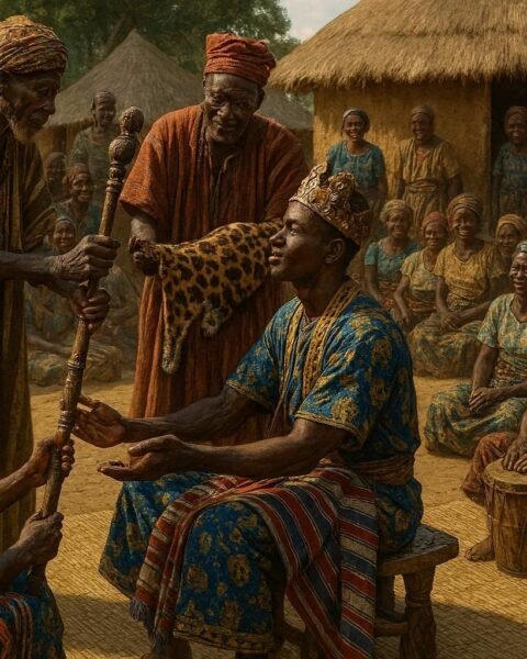 Lunda elders presenting ceremonial regalia to a newly installed Mwata during a traditional investiture ceremony in Eastern Angola.