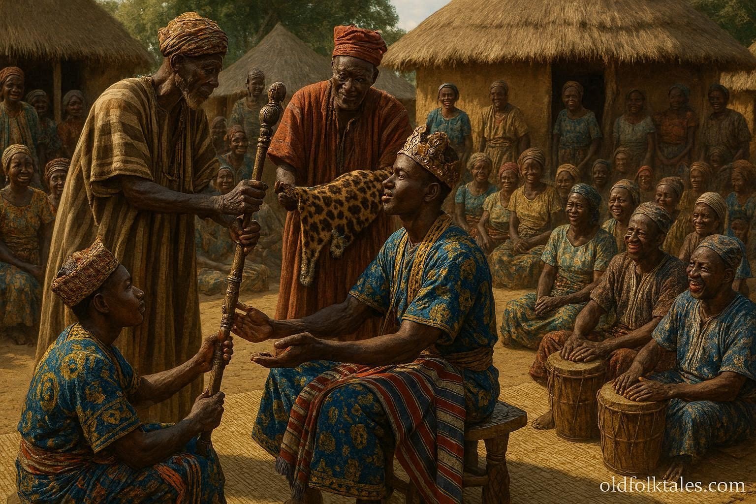 Lunda elders presenting ceremonial regalia to a newly installed Mwata during a traditional investiture ceremony in Eastern Angola.