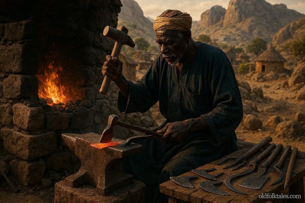 A Mafa master blacksmith forging iron farming tools at a traditional workshop in the Mandara Hills of northern Cameroon.