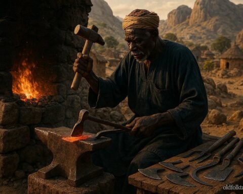 A Mafa master blacksmith forging iron farming tools at a traditional workshop in the Mandara Hills of northern Cameroon.