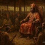 Kabaka Kimera presiding over a royal court in Buganda as elders and community members witness an important judgment.