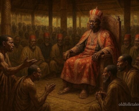 Kabaka Kimera presiding over a royal court in Buganda as elders and community members witness an important judgment.