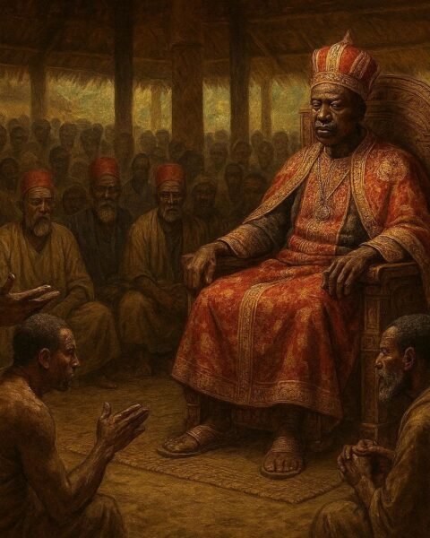 Kabaka Kimera presiding over a royal court in Buganda as elders and community members witness an important judgment.