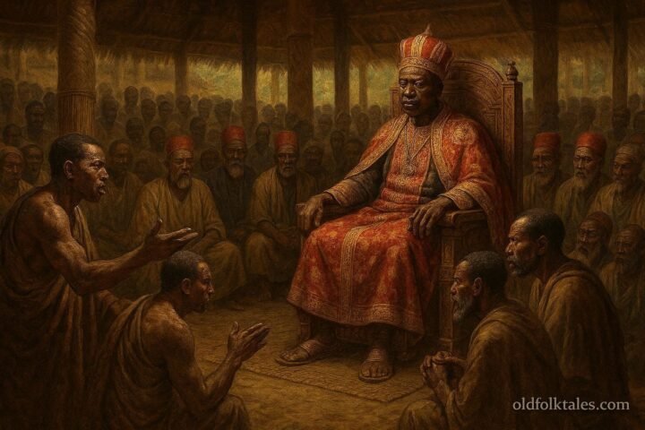 Kabaka Kimera presiding over a royal court in Buganda as elders and community members witness an important judgment.