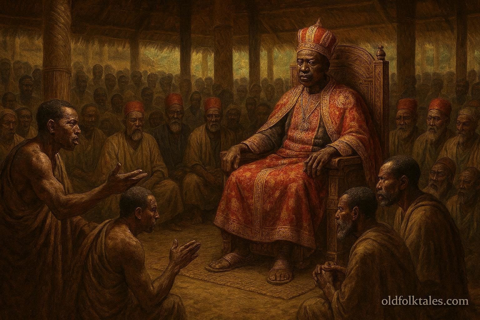 Kabaka Kimera presiding over a royal court in Buganda as elders and community members witness an important judgment.