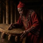 An adult palace custodian caring for the sacred royal drum inside the Bafut Palace in Cameroon.