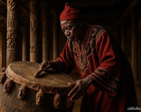 An adult palace custodian caring for the sacred royal drum inside the Bafut Palace in Cameroon.