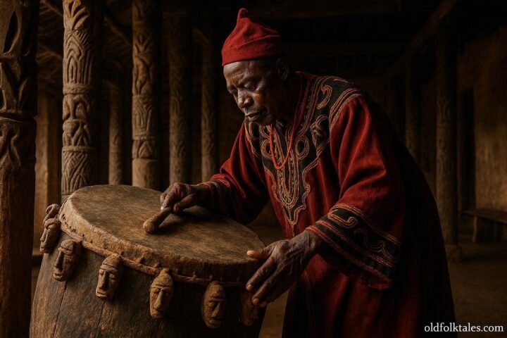 An adult palace custodian caring for the sacred royal drum inside the Bafut Palace in Cameroon.