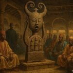 A sacred royal gong displayed before Yoruba chiefs during an important leadership ceremony in Owo.