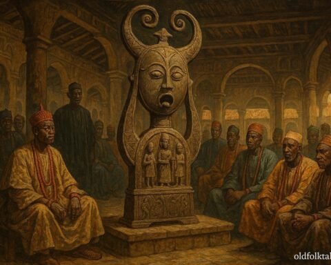 A sacred royal gong displayed before Yoruba chiefs during an important leadership ceremony in Owo.