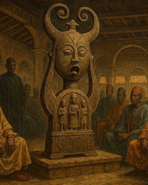 A sacred royal gong displayed before Yoruba chiefs during an important leadership ceremony in Owo.