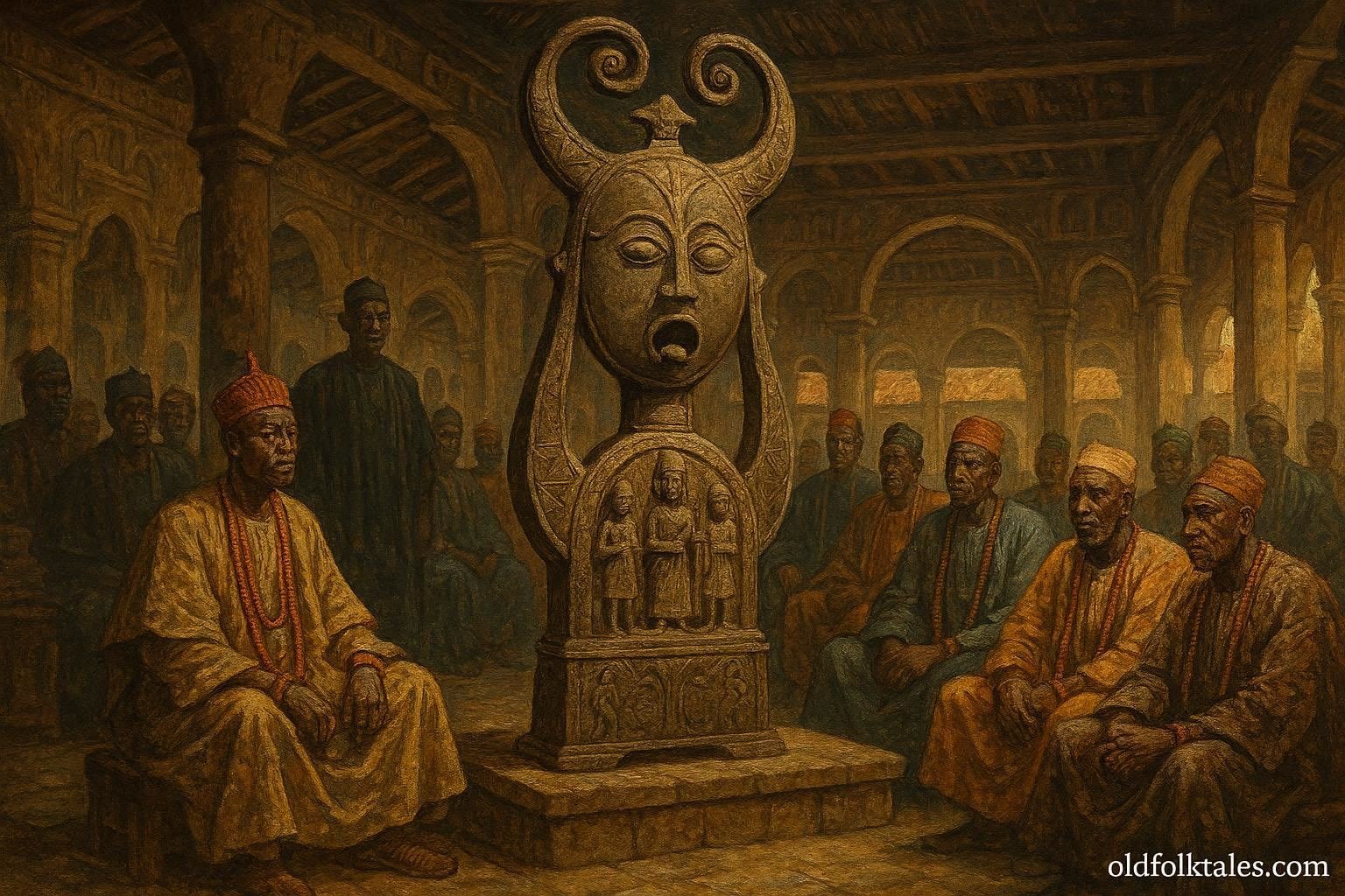 A sacred royal gong displayed before Yoruba chiefs during an important leadership ceremony in Owo.