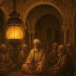 A glowing sacred lantern inside an ancient Tunisian sanctuary guiding elders during a moment of decision