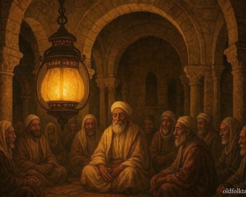 A glowing sacred lantern inside an ancient Tunisian sanctuary guiding elders during a moment of decision