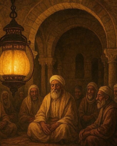 A glowing sacred lantern inside an ancient Tunisian sanctuary guiding elders during a moment of decision