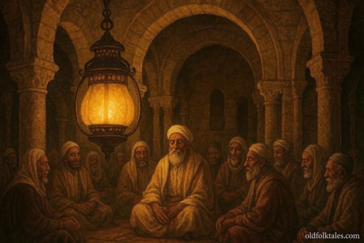 A glowing sacred lantern inside an ancient Tunisian sanctuary guiding elders during a moment of decision