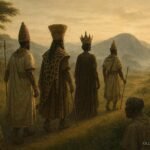 Bachwezi rulers departing across the ancient Kitara landscape as communities watch their mysterious final journey.