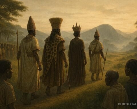Bachwezi rulers departing across the ancient Kitara landscape as communities watch their mysterious final journey.