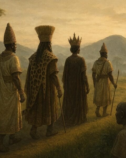 Bachwezi rulers departing across the ancient Kitara landscape as communities watch their mysterious final journey.