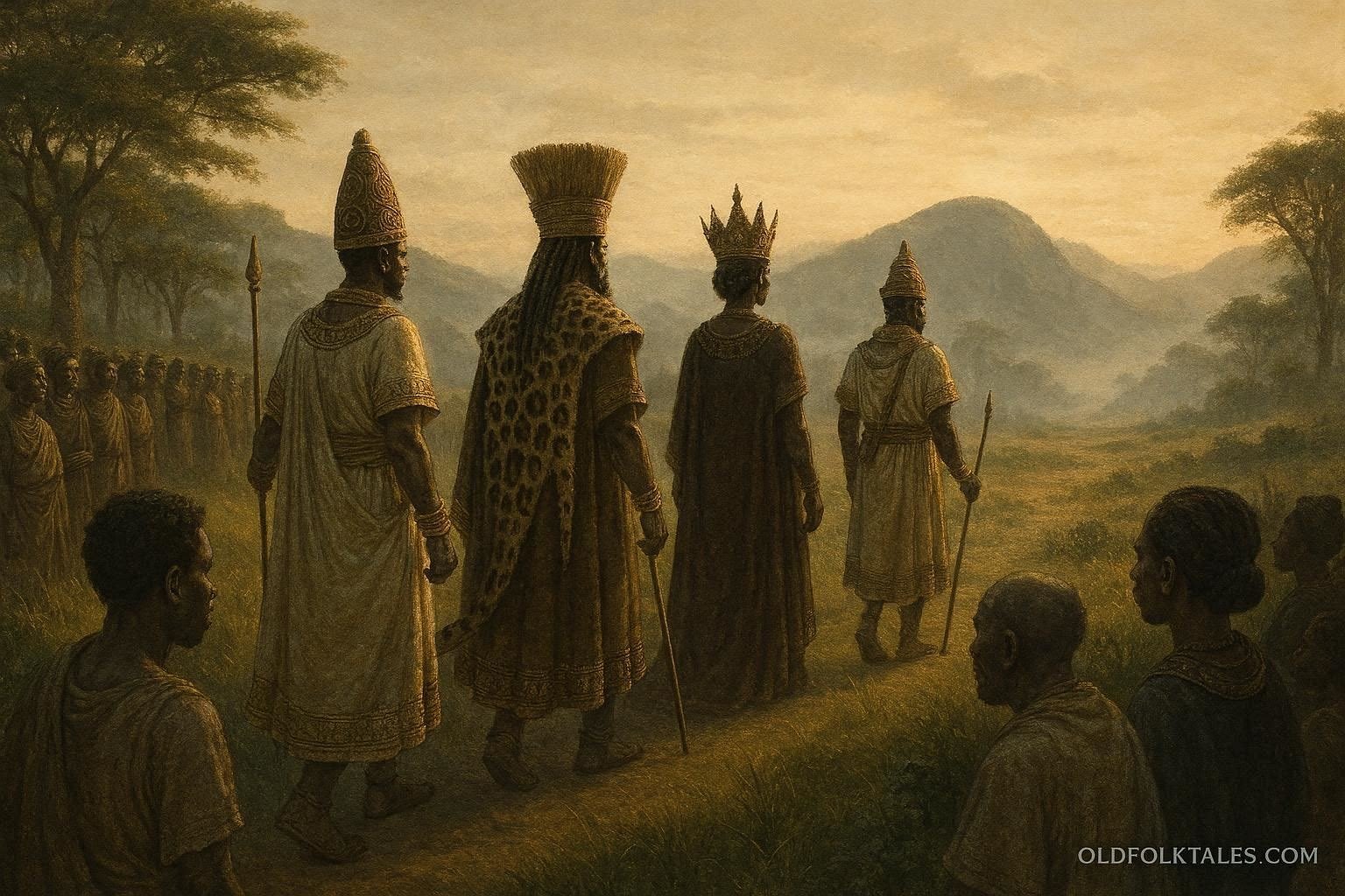 Bachwezi rulers departing across the ancient Kitara landscape as communities watch their mysterious final journey.