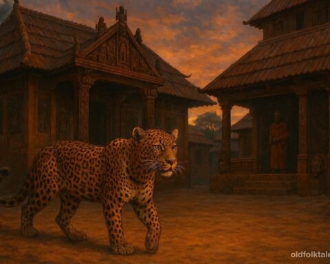 A mysterious leopard standing in the courtyard of the royal palace in the ancient Kingdom of Benin.