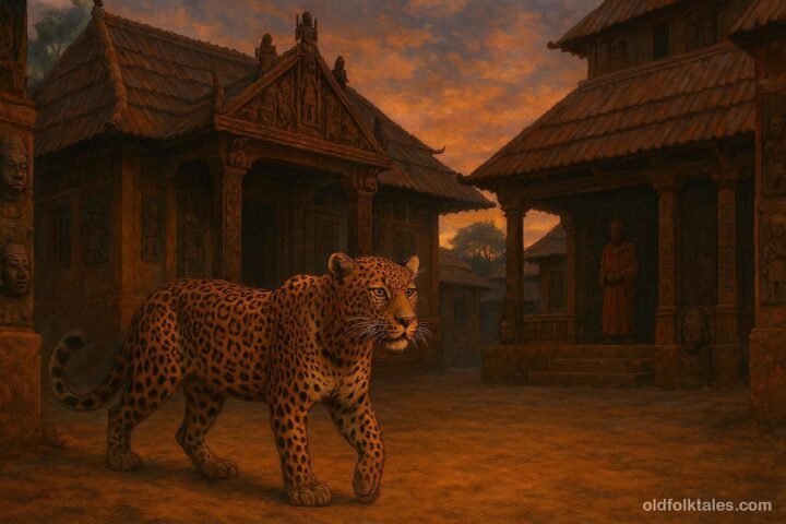 A mysterious leopard standing in the courtyard of the royal palace in the ancient Kingdom of Benin.
